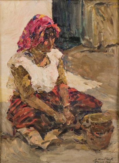 Alexandre ROUBTZOFF (1884-1949) Femme au foulard rose Huile sur toile marouflée sur...