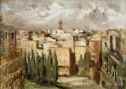 Georges SABBAGH (1887-1951) Panorama du Caire : Mosquée d'Ibn Touloun Huile sur toile,...