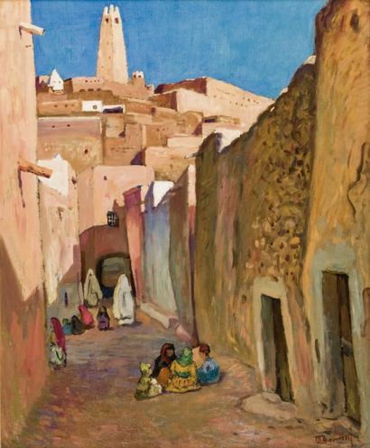 Maurice BOUVIOLLE (1893-1971) Ruelle à Ghardaïa Huile sur toile, signée en bas à...