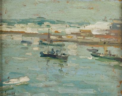 Elie Anatole PAVIL (1873-1948) Bateau entre Tanger et Gibraltar Huile sur panneau,...