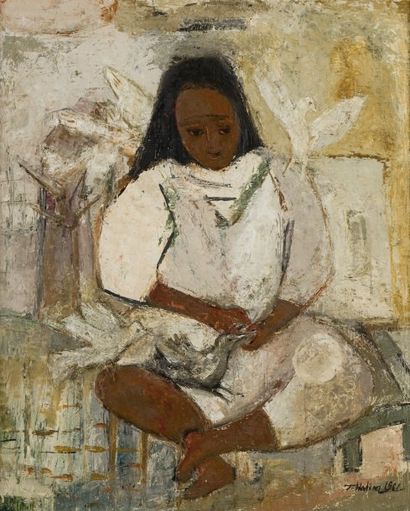 Tahia HALIM (1919-2003) Femme assise Huile sur isorel, signée et datée en bas à droite...