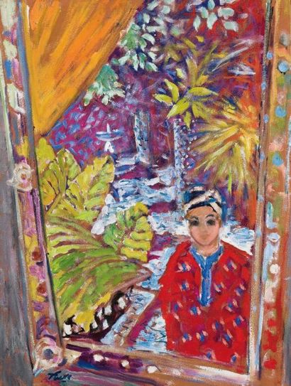 Jean Pierre FAVRE (né en 1933) Femme au miroir Huile sur toile, signée en bas à gauche....