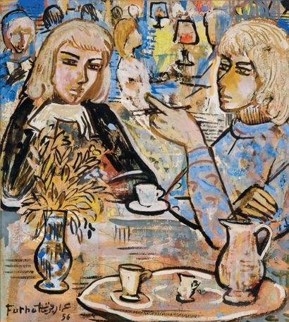 Ammar FARHAT (1911-1986) Au café Technique mixte sur carton, signée et datée 19(56)en...