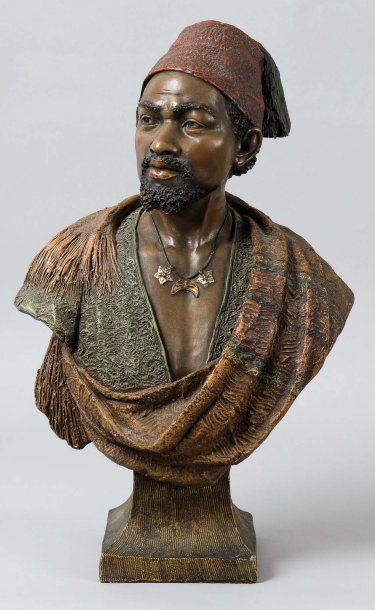 Friedrich GOLDSCHEIDER (1845-1898) Buste d'oriental Epreuve en terre cuite polychrome....