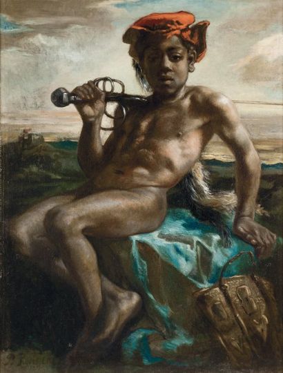 Pierre PUVIS DE CHAVANNES (1824-1898) Jeune noir au sabre Huile sur toile signée...
