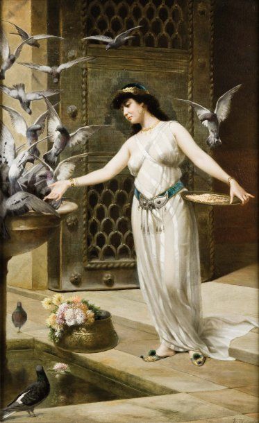 Vincent STIEPEVICH (1841-1910) Jeune fille du harem nourrissant les pigeons Huile...