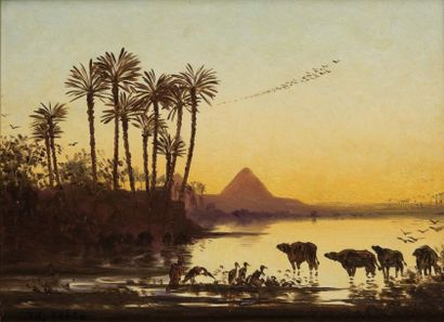 Théodore FRERE (1814-1888) Coucher de soleil sur le Nil, Pyramides de Chéops Huile...