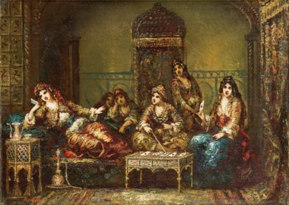 Frédéric BORGELLA (1833-1901) Partie de Tarots au Harem Huile sur toile, signée en...