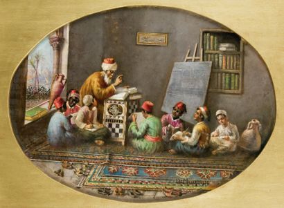 Léonardo DE MANGO (1843-1930) L'école coranique Huile sur toile ovale marouflée sur...