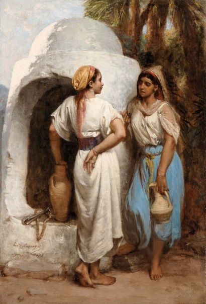 Hippolyte LAZERGES (1817-1887) Femmes au puits Huile sur panneau, signée, située...