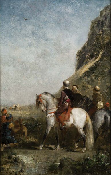 Eugène FROMENTIN (1820-1876) La chasse au faucon Huile sur panneau, signée en bas...