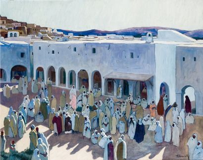 Maurice BOUVIOLLE (1893-1971) Place de Marché à Ghardaïa Huile sur toile, signée...