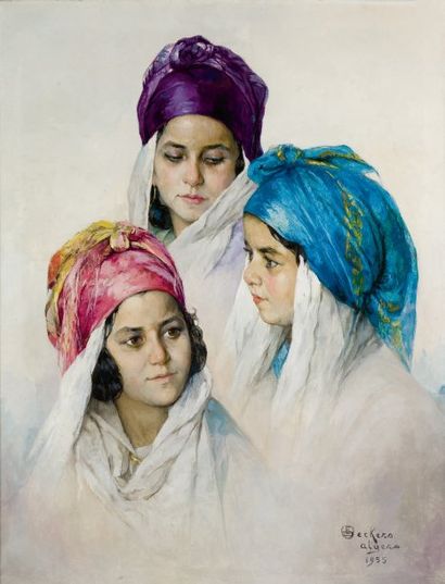 Emile DECKERS (1885-1968) Jeune mère et ses deux filles Huile sur toile, signée,...