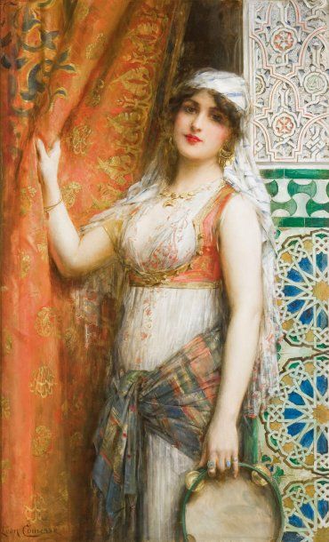 Léon François COMERRE (1850-1916) Jeune femme au tambourin Huile sur toile, signée...