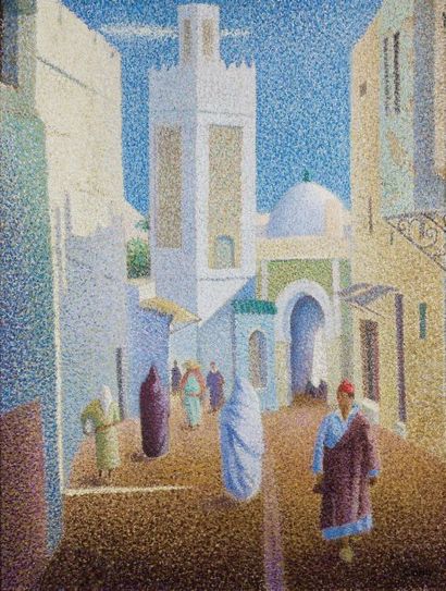 Yvonne CANU (1921-2007) Minaret et rue à Meknès Huile sur toile marouflée sur panneau,...