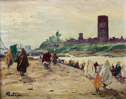 Henri PONTOY (1888-1968) La Tour Hassan, Rabat Huile sur panneau, signée en bas à...