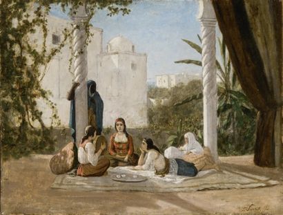 François LAURET (1820-1868) Le thé sur la terrasse Huile sur papier marouflée sur...