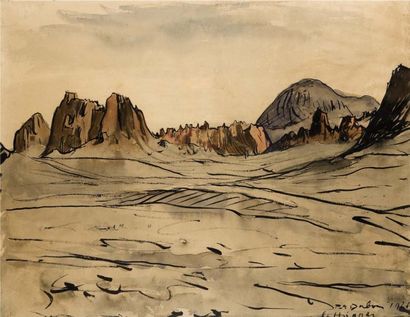 Paul Elie DUBOIS (1886-1949) Montagne du Hoggar Plume et aquarelle, signée et située...