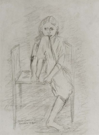 Jean LAUNOIS (1898-1942) Fillette assise Crayon noir sur papier, signé, situé et...
