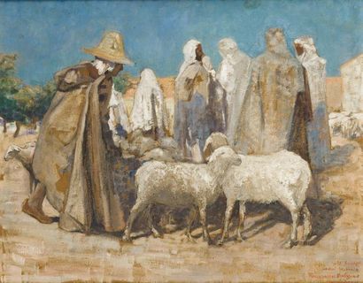 Marcel ROUSSEAU-VIRLOGEUX (né en 1884) Marché aux moutons Huile sur carton, signée...