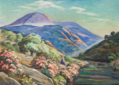 Roméo AGLIETTI (1878-1956) Troupeau et arbres en fleurs, Algérie Huile sur panneau,...
