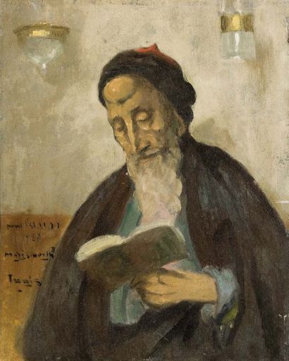 Maurice BISMOUTH (1891-1965) Le rabin en prière Huile sur carton, datée 1923, signée...