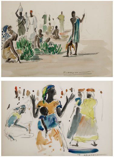 Paul DAXHELET (1905-1993) Africaine à l'enfant - Marché en Afrique Paire d'aquarelles,...