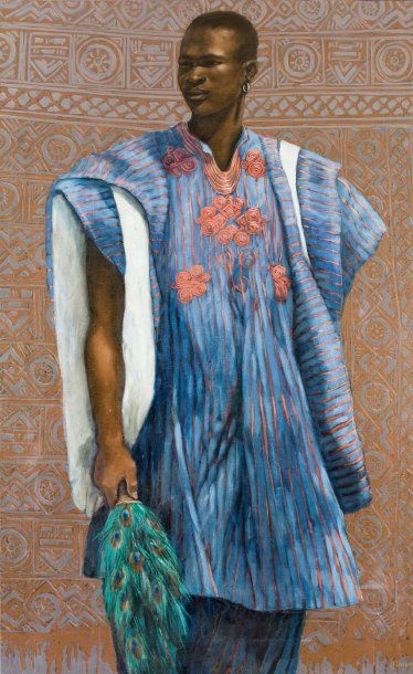 Christian LIBESSART (né en 1958) Chef africain à la tunique bleue Huile sur toile,...