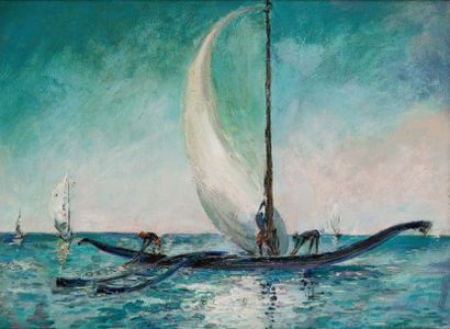 Paul DAXHELET (1905-1993) Pêcheurs de l'Océan Indien, Zanzibar Huile sur panneau,...