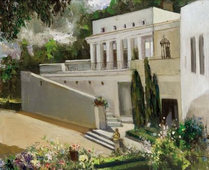 José CRUZ HERRERA (1890-1972) Villa aux cyprés Huile sur toile, signée en bas à droite...