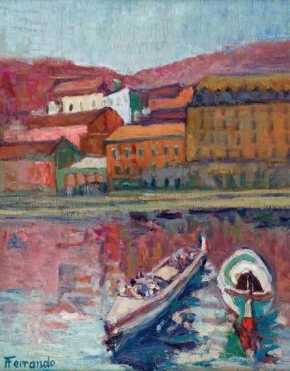 Augustin FERRANDO (1880-1957) Le Port d'Oran Huile sur panneau, signée en bas à gauche....