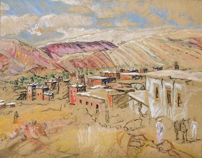 Patrice LAURIOZ (né en 1959) Panorama des hauteurs de la Kasbah, Anemiter, Haut-Atlas,...