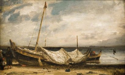 Louis LOTTIER (1815-1892) Barques turques de la Troade (Turquie) Huile sur panneau,...