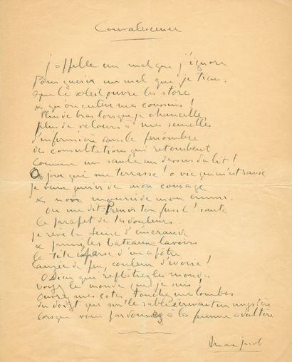 JACOB Max (Quimper 1876-1844) Ecrivain. Manuscrit signé d'un poème intitulé «Convalescence»....