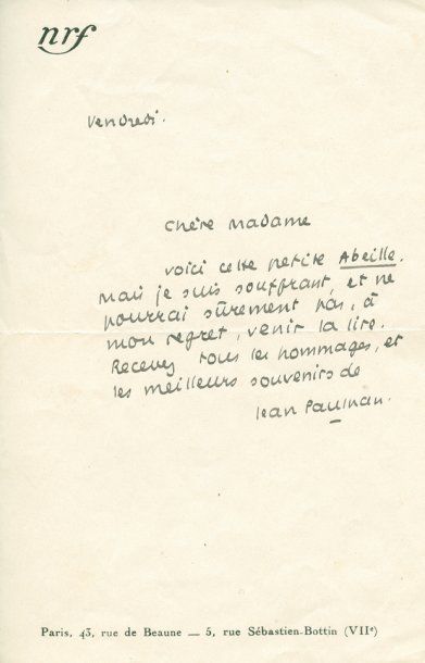 PAULHAN Jean. (Nîmes, 1884-1968). Ecrivain. Copie du manuscrit de la lettre adressée...