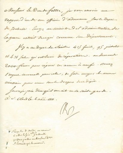 null Dépôts de Toulouse et de Saintes - Lettre signée NP, adressée au Duc de Feltre,...