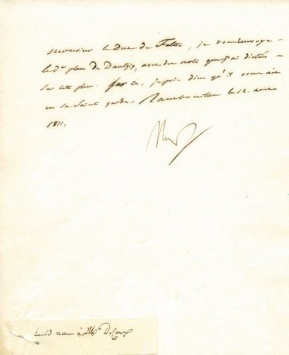 null Dantzig - Lettre signée Nap, adressée au Duc de Feltre, rédigée par le Baron...