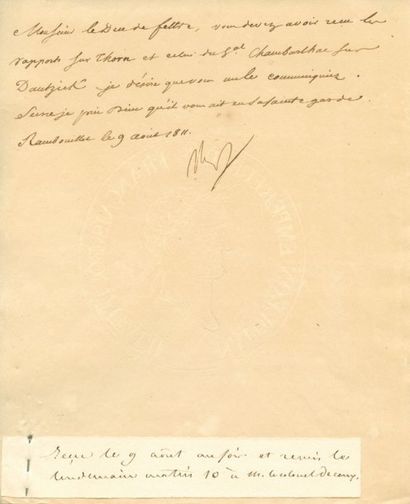 Thorn - Lettre signée Nap, adressée au Duc...