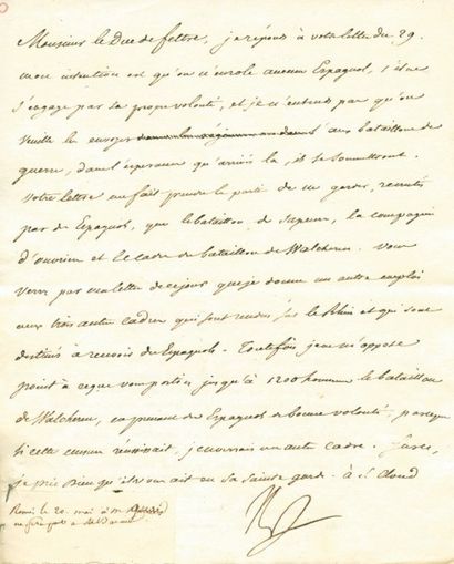 null Enroulement des Espagnols - Lettre signée NP, adressée au Duc de Feltre, rédigée...