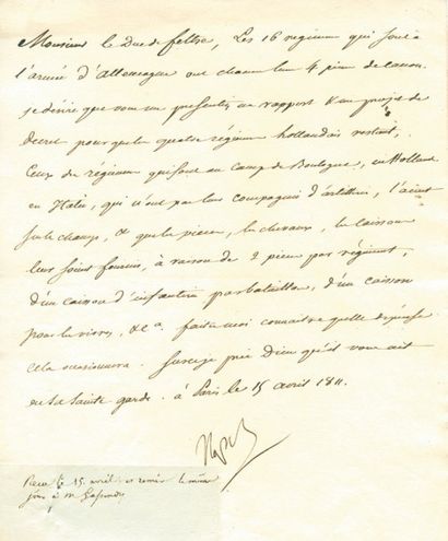 null Armée d'Allemagne - Lettre signée Napol, adressée au Duc de Feltre, rédigée...