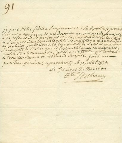 SOUHAM Joseph, (Lubersac, 1760-1837). Général d'Empire. Serment manuscrit signé et...