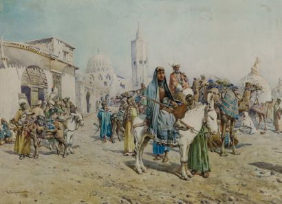 Mariano DE FRANCESCHI (1849-1896) Le départ de la Caravane Aquarelle, signée en bas...