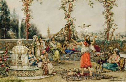 F.FERNANDEZ GIMENEZ (XIXème siècle) Amusement au harem Aquarelle, signée en bas à...
