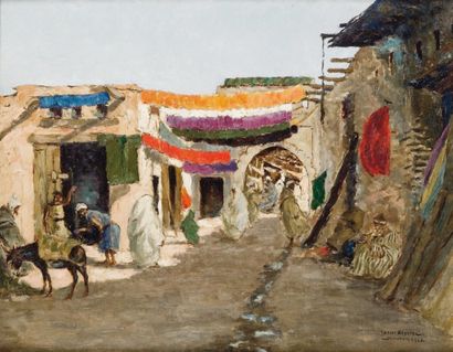 Carlos ABASCAL (1909- ?) Entrée du souk à Marrakech Huile sur panneau, signée, située...