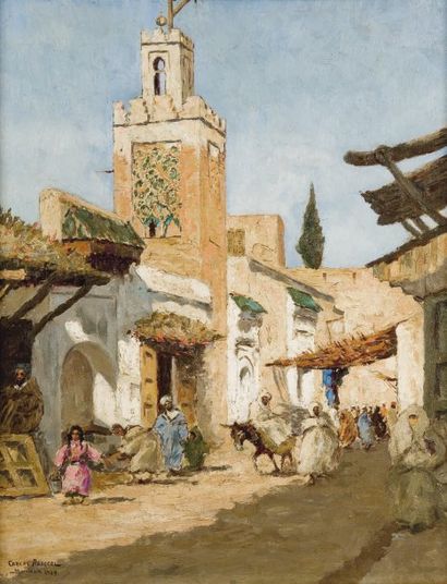 Carlos ABASCAL ( 1909- ?) Rue animée à Marrakech Huile sur panneau, signée, située...