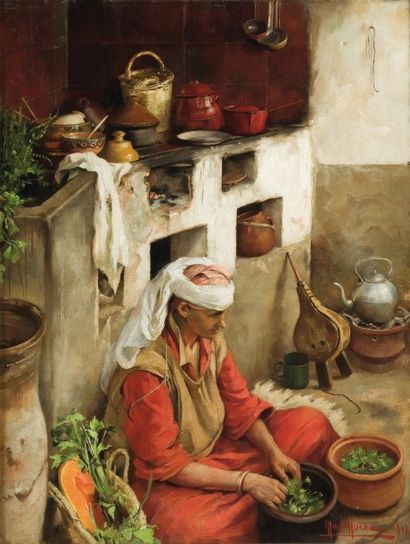 Max MOREAU (1902-1992) La cuisine marocaine Huile sur toile, signée en bas à droite...