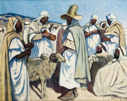 Maurice BOUVIOLLE (1893-1967) Marché aux moutons Huile sur toile, signée en bas à...