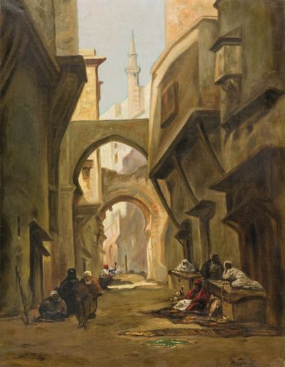 Ecole Orientaliste XIXème siècle Rue au Caire Huile sur toile. 65 x 50 cm