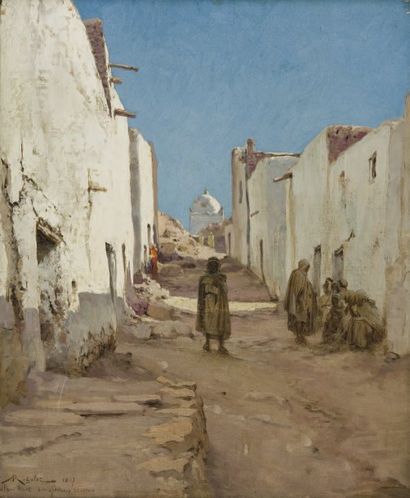 Albert Gabriel RIGOLOT (1862-1932) Rue animée à Bou Saâda Huile sur toile marouflée...