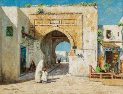 Paul BELLANGERADHÉMAR (1868-1948) «Porte de Bab Djedid - Tunis» Huile sur toile,...